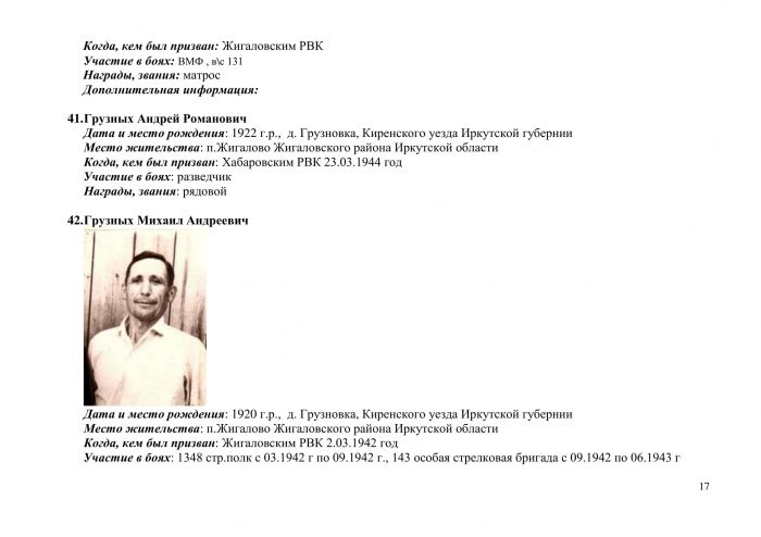 Список участников Великой отечественной войны, вернувшихся с войны на территорию Усть-Илгинского муниципального образования Жигаловского района Иркутской области